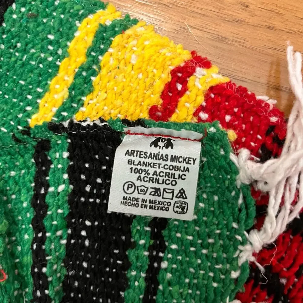 Artesanias Mickey Blanket Red Yellow Green Black Fringe Mexico